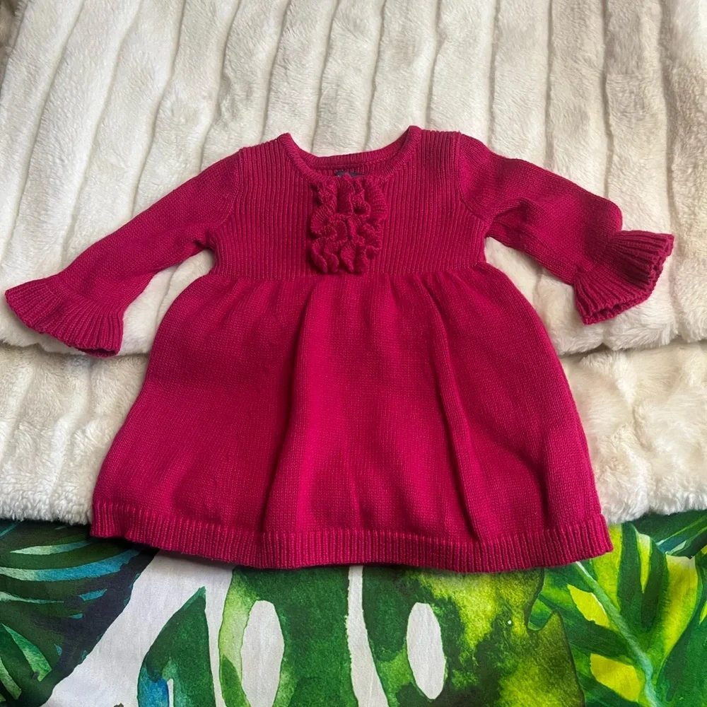 Baby Gap Infant 0-3M Dark Pink Ruffle Knit Fall Winter Preppy City Sweater Dress